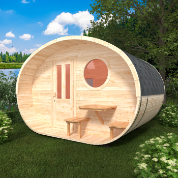Fasssauna / Gartensauna / Banja / Oval 3,5 m ohne Vorraum mit Balkon